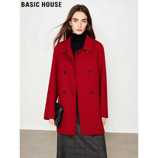 Basic House/百家好新年红双面毛呢外套女冬高级感加厚羊毛呢大衣