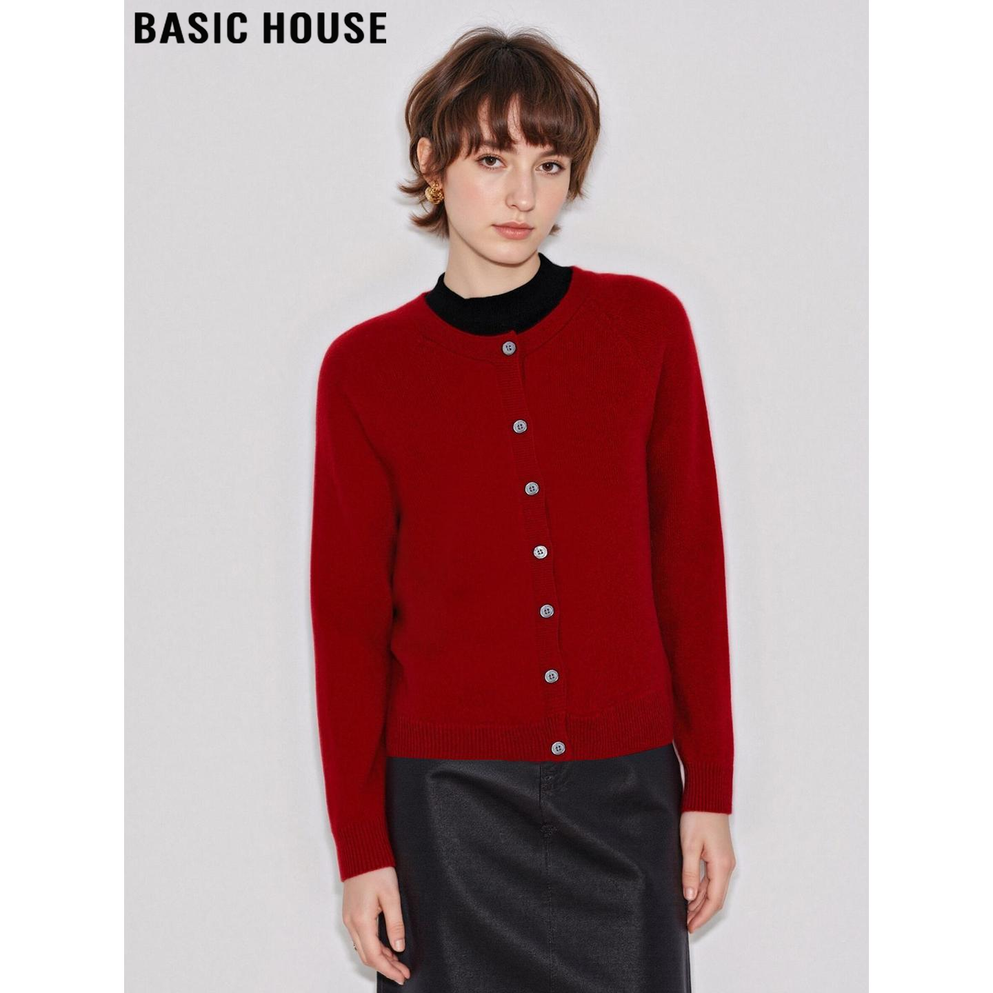 Basic House/百家好新年红100%羊毛针织开衫女士冬季加厚毛衣外套