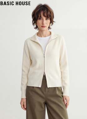 Basic House/百家好杏色翻领拉链针织开衫女2026春季新款气质上衣