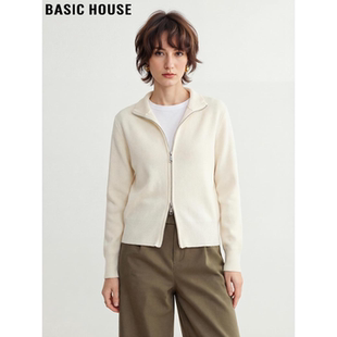 新款 Basic 女2026春季 百家好杏色翻领拉链针织开衫 气质上衣 House