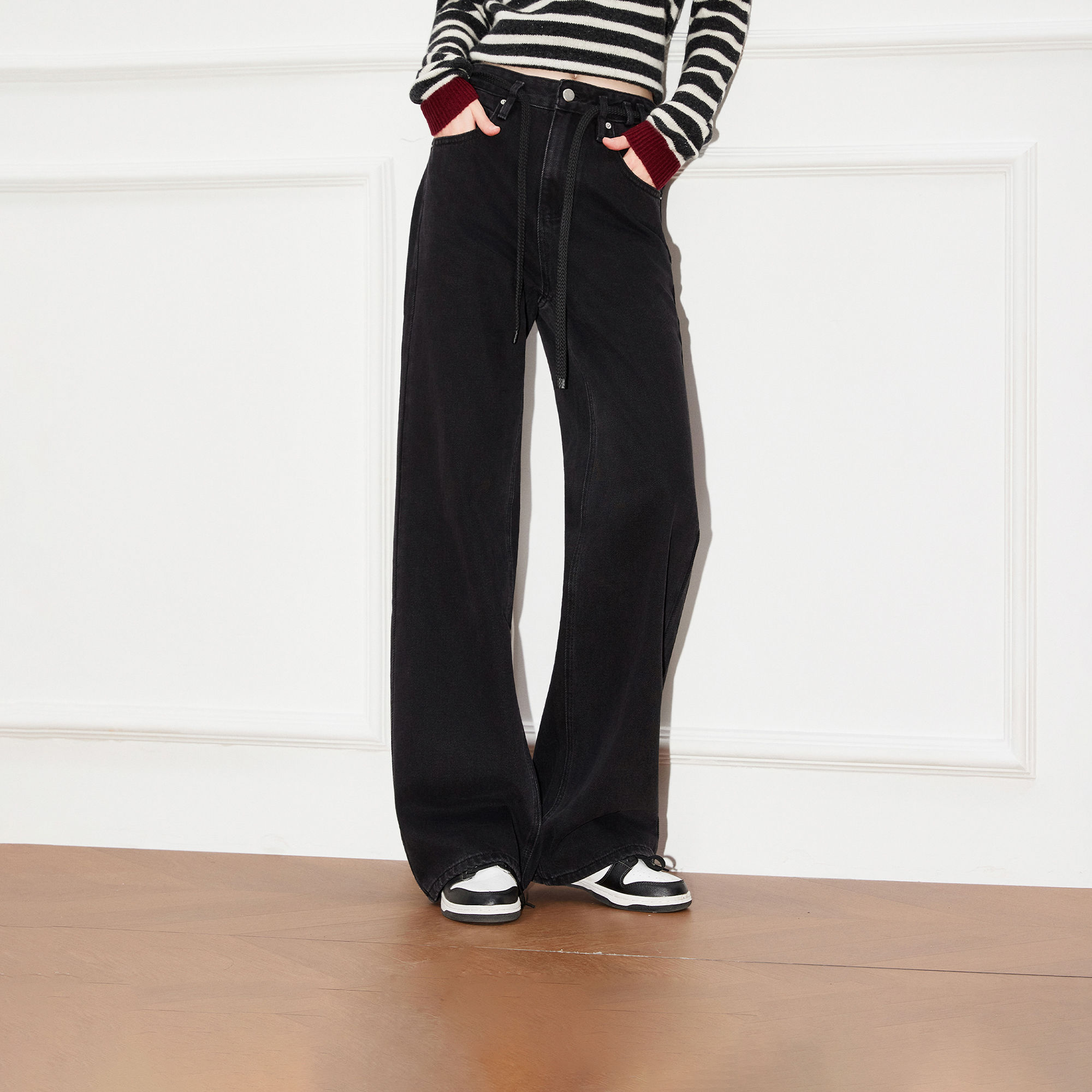 Basic House/百家好黑色高腰牛仔裤女2025秋季新款宽松显瘦长裤子