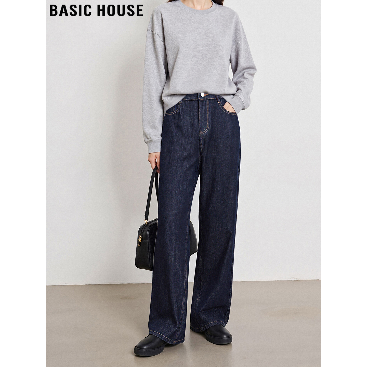 Basic House/百家好复古蓝加绒阔腿牛仔裤女2025秋冬宽松直筒长裤