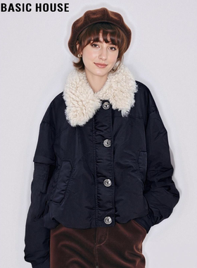Basic House/百家好黑色90鸭绒毛领羽绒服女冬高级感加厚保暖外套