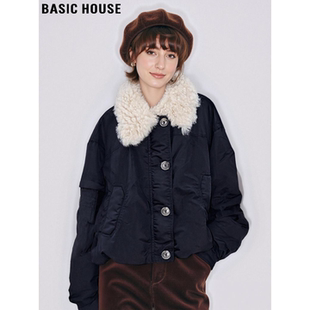 Basic House/百家好黑色90鸭绒毛领羽绒服女冬高级感加厚保暖外套
