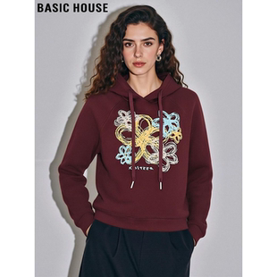 新款 百家好红色印花连帽卫衣女2026春季 休闲百搭上衣 House Basic