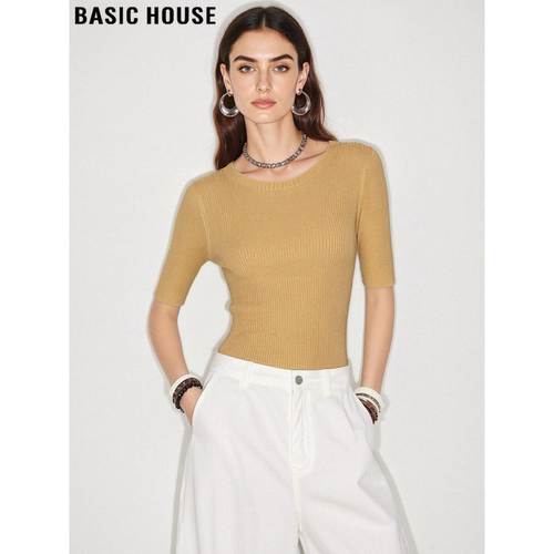 百家好修身一字领五分袖针织衫女