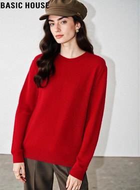 Basic House/百家好本命年红色羊毛针织衫女冬季宽松软糯打底毛衣