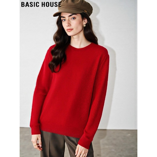 Basic House/百家好本命年红色羊毛针织衫女冬季宽松软糯打底毛衣