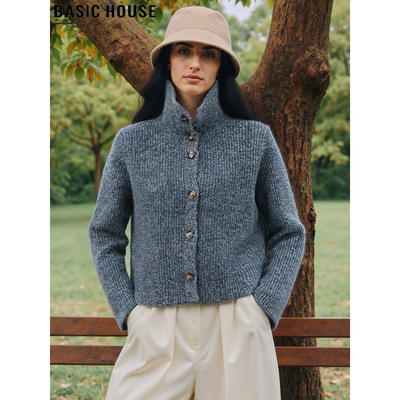 百家好慵懒100%羊毛高领毛衣开衫