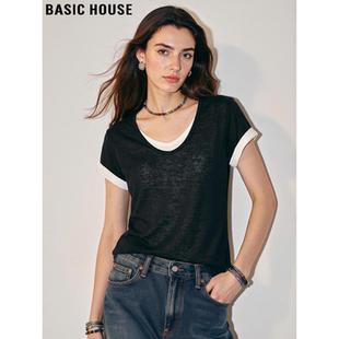 T恤女夏季 百家好黑色假两件短袖 宽松正肩体恤上衣 House Basic