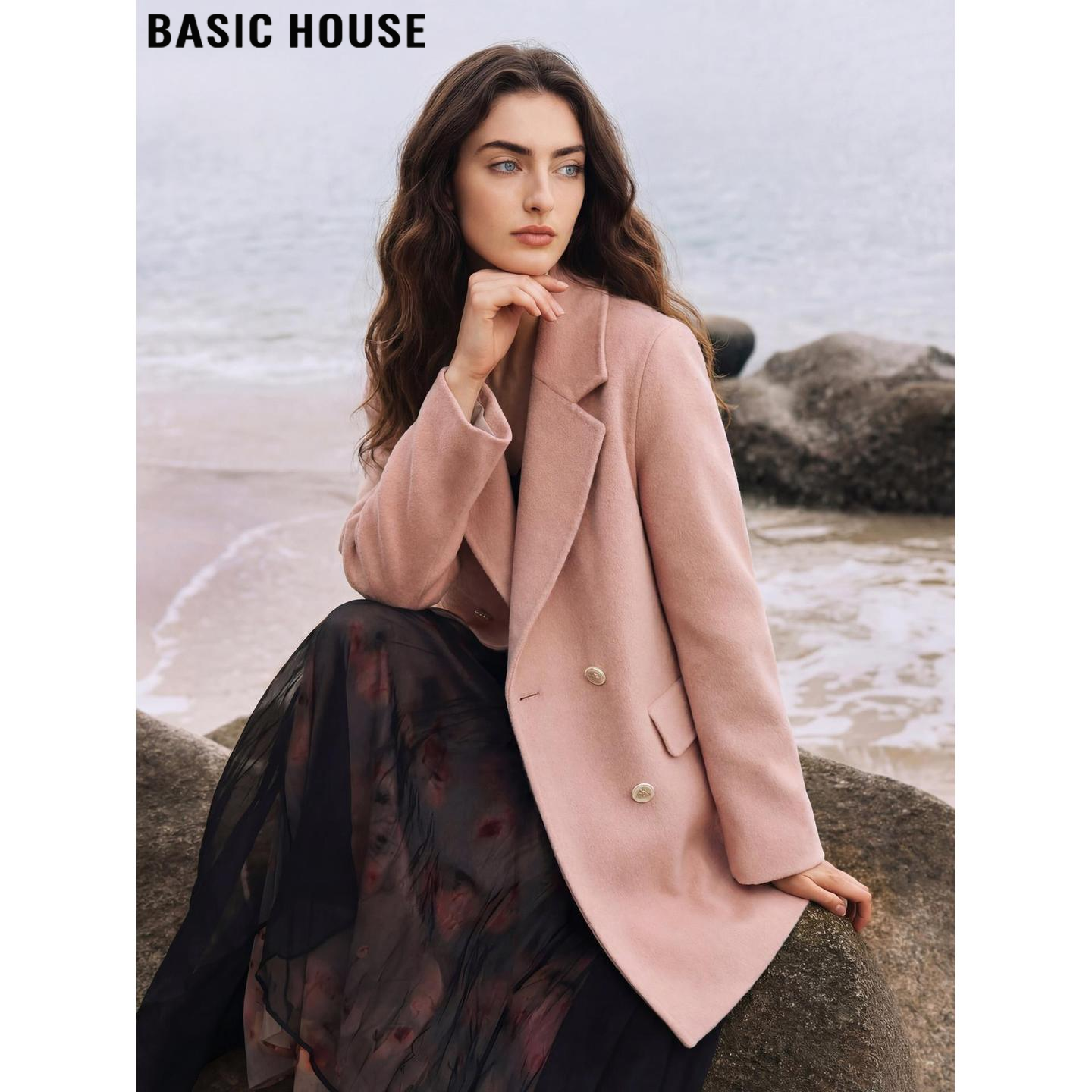 Basic House/百家好粉色羊毛双面呢大衣女冬季廓形中长款毛呢外套,女装/女士精品,毛呢外套,淘宝优惠券,粉丝福利购,淘宝优惠卷