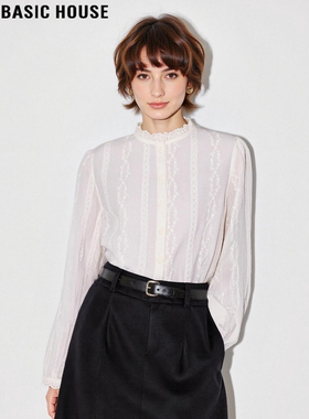 Basic House/百家好米色花边纯棉衬衫女2026春季新款法式微透衬衣