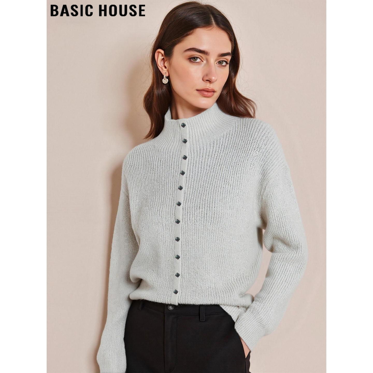 百家好米白色气质半高领毛衣外套