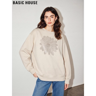 新款 百家好杏色花卉烫钻圆领卫衣女2026春季 慵懒上衣 House Basic