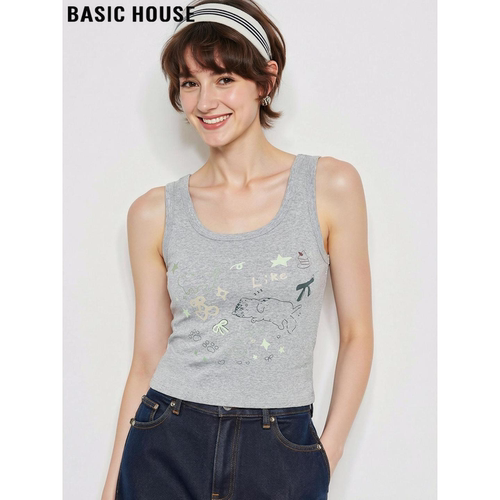 百家好灰色印花U领吊带背心上衣