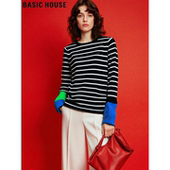 毛衣打底衫 Basic 复古条纹撞色圆领针织衫 女冬季 House 百家好美式