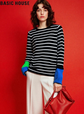 Basic House/百家好美式复古条纹撞色圆领针织衫女春季毛衣打底衫