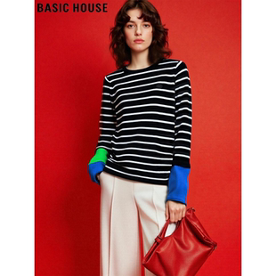 House 毛衣打底衫 百家好美式 女春季 复古条纹撞色圆领针织衫 Basic