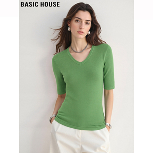 House 正肩半袖 百家好绿色V领冰丝针织短袖 修身 上衣 女夏季 Basic