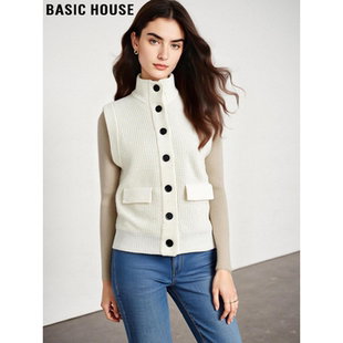 Basic House/百家好半高领针织马甲外套女士2026春季新款叠穿上衣