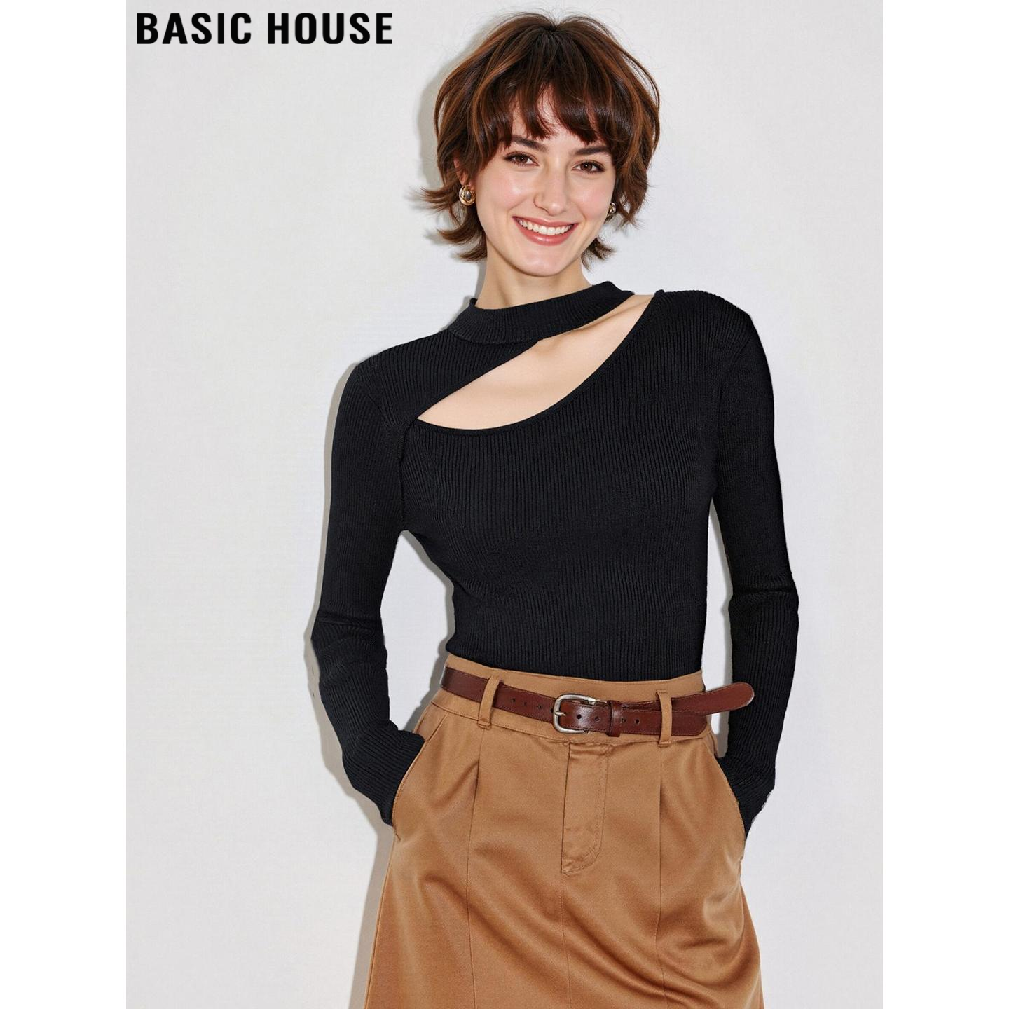 Basic House/百家好黑色镂空针织衫女冬季设计感性感露肩修身毛衣,女装/女士精品,毛针织衫,淘宝优惠券,粉丝福利购,淘宝优惠卷