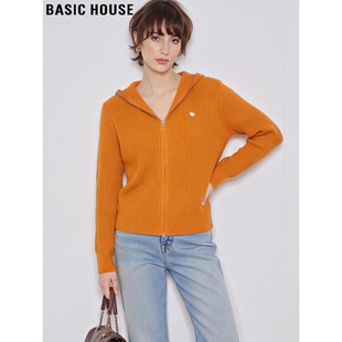 Basic House/百家好洋气连帽拉链针织开衫女2026春季新款橘色毛衣