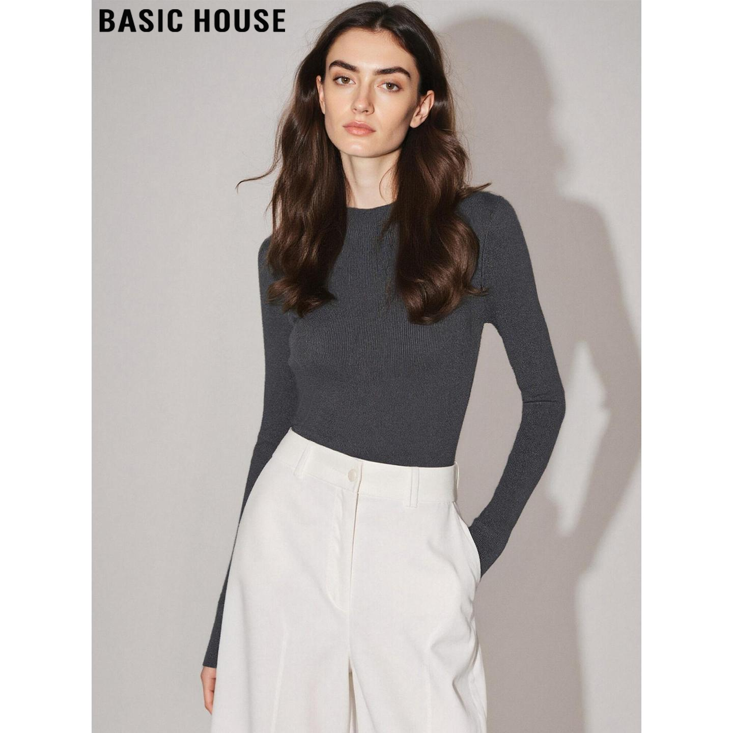百家好高级灰色圆领针织打底衫女