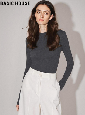 Basic House/百家好高级灰色半高领针织打底衫女秋冬内搭修身上衣