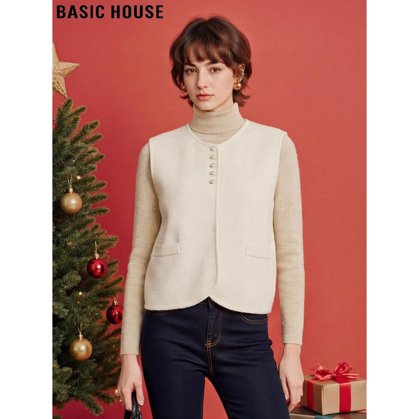 Basic House/百家好杏色圆领马夹女2026春季新款休闲叠穿马甲外套,女装/女士精品,马夹,淘宝优惠券,粉丝福利购,淘宝优惠卷