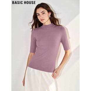 House 浅紫色半袖 百家好半高领冰丝五分袖 女夏季 上衣 针织衫 Basic