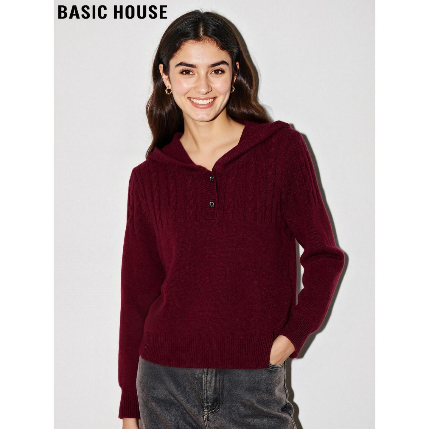 百家好圣诞红100%羊毛连帽针织衫