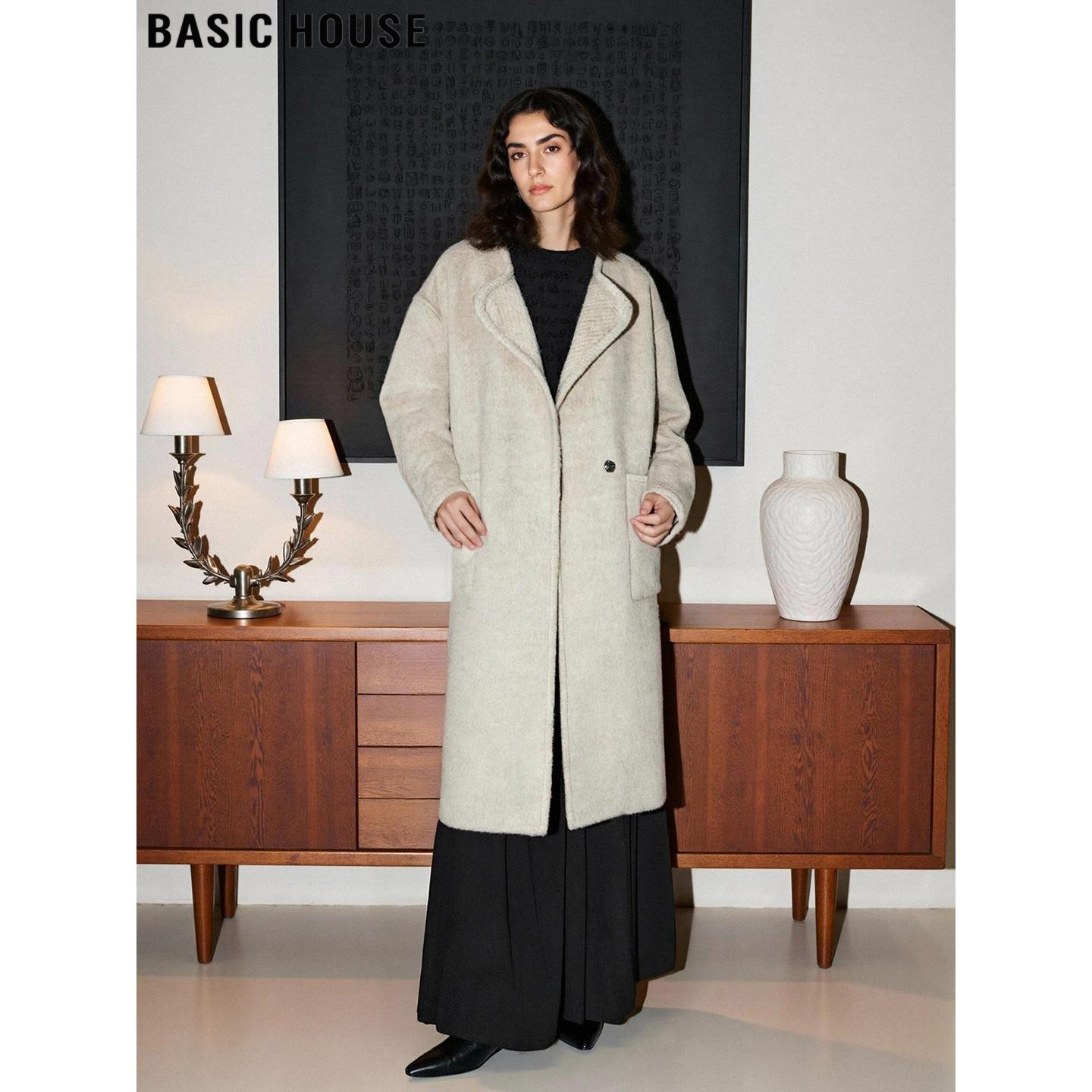 百家好中长款米色羊毛呢子大衣女