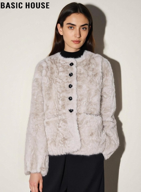 Basic House/百家好法式杏色毛绒短外套女士秋冬轻奢环保皮草大衣