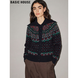 新款 Basic 女2026春季 百家好费尔岛羊毛针织衫 翻领提花毛衣 House