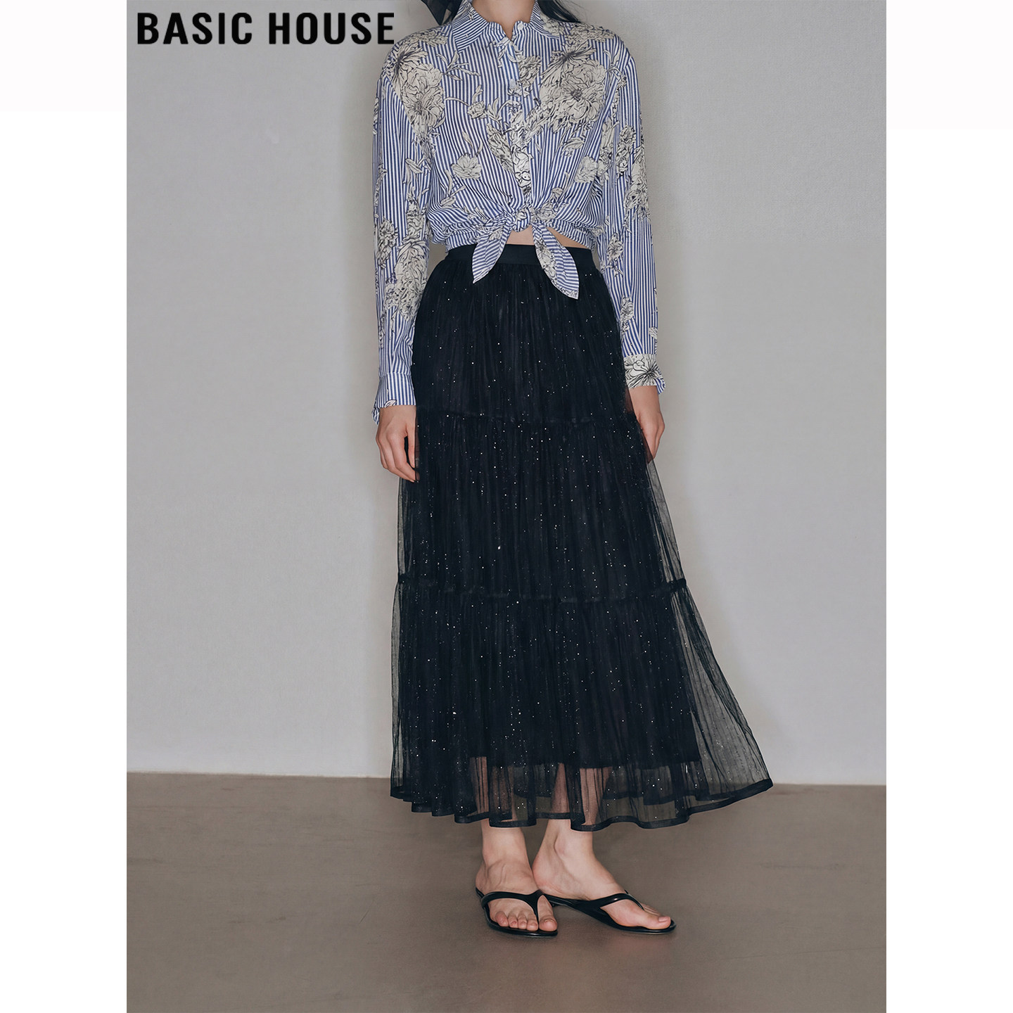 Basic House/百家好亮片网纱半身裙女2026春季新款高腰显瘦中长裙