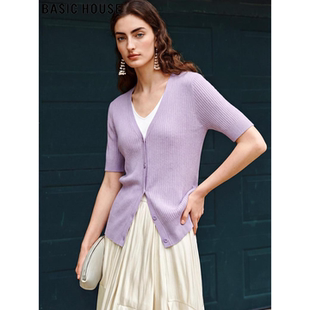 薄款 Basic 女夏季 百家好紫色天丝针织短袖 假两件V领冰丝T恤 House