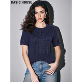 House 百家好蓝色针织短袖 T恤女2026夏季 Basic 新款 亮片圆领上衣