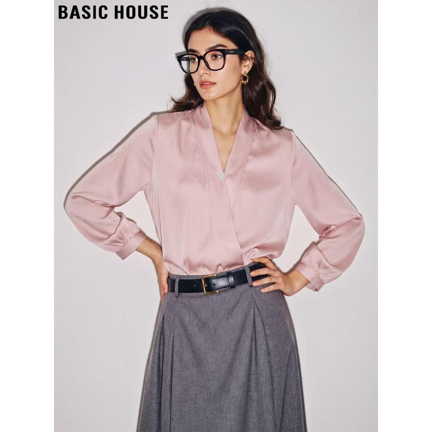 Basic House/百家好玫瑰粉V领缎面衬衫女2026春季新款七分袖衬衣,女装/女士精品,衬衫,淘宝优惠券,粉丝福利购,淘宝优惠卷