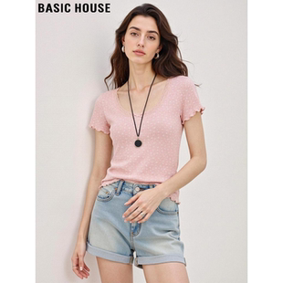 T恤女士夏季 百家好粉色木耳边纯棉短袖 蕾丝拼接上衣 House Basic
