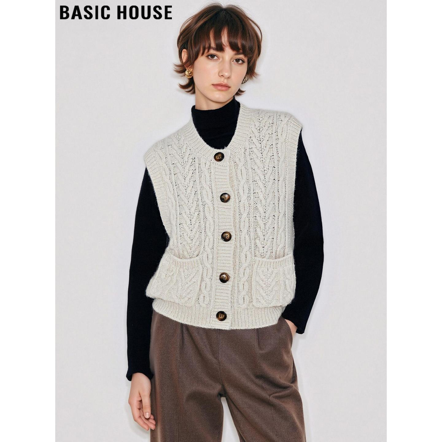 Basic House/百家好米色麻花羊绒马甲女冬高级感叠穿羊毛针织背心,女装/女士精品,羊绒衫,淘宝优惠券,粉丝福利购,淘宝优惠卷
