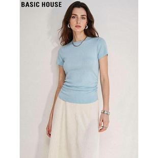 Basic House/百家蓝色圆领短袖针织衫女2026夏季新款褶皱收腰上衣