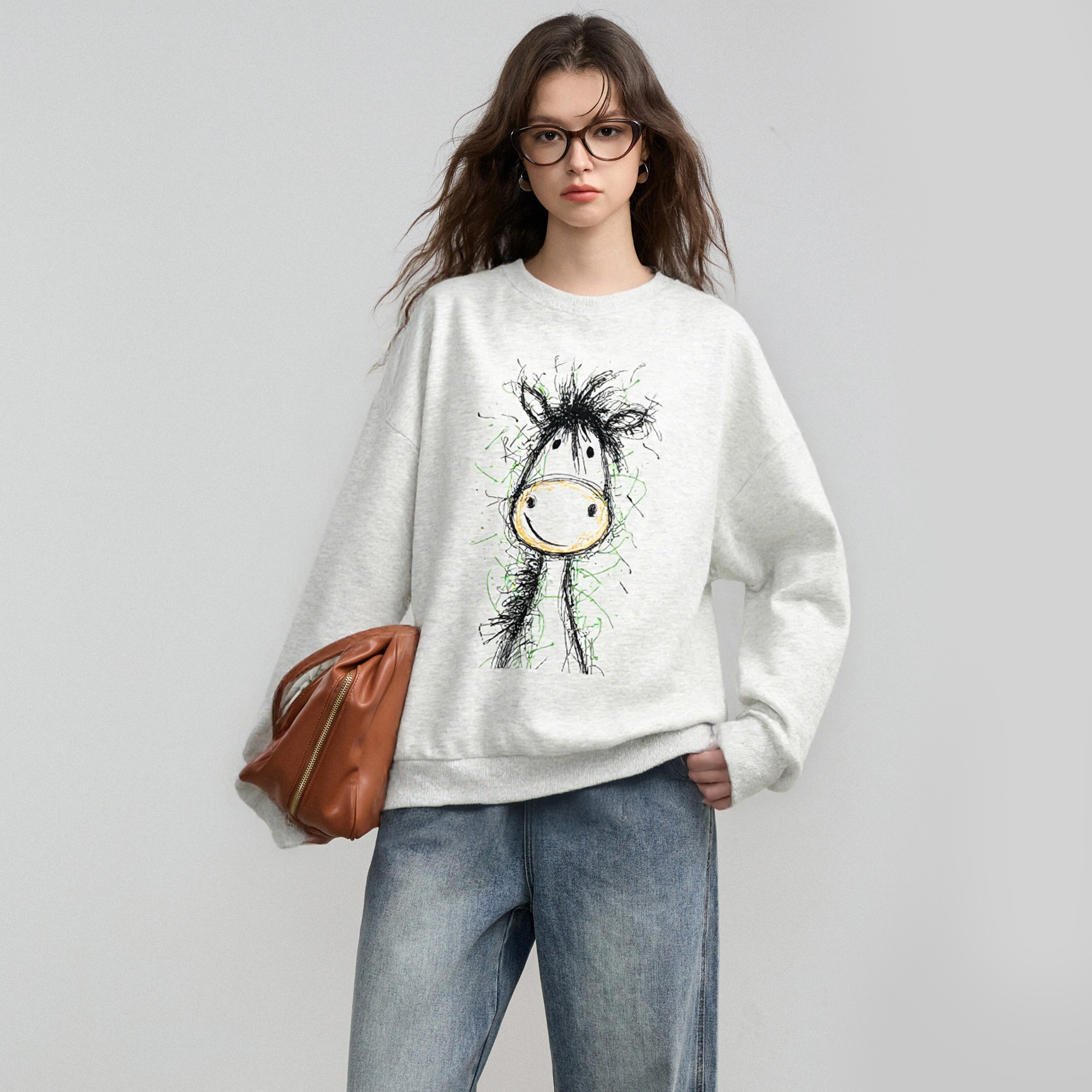 Basic House/百家好圆领打底卫衣女2025秋冬新款减龄慵懒松弛上衣