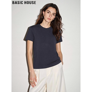T恤女2026夏季 百家好蓝色圆领短袖 显瘦正肩打底上衣 House Basic