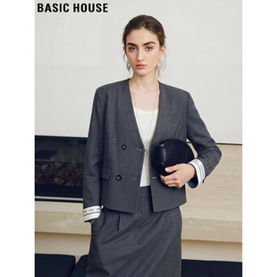 Basic House/百家好灰色V领西装外套女士2026春季新款短款小西服