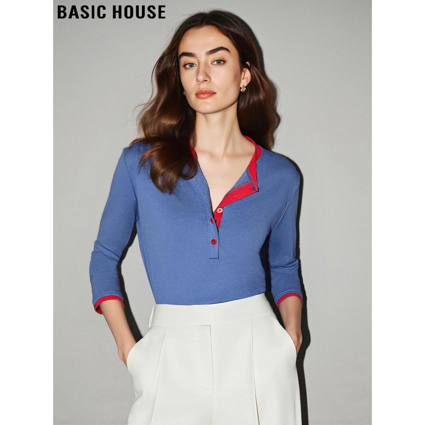 百家好美式撞色纽扣半开领T恤女