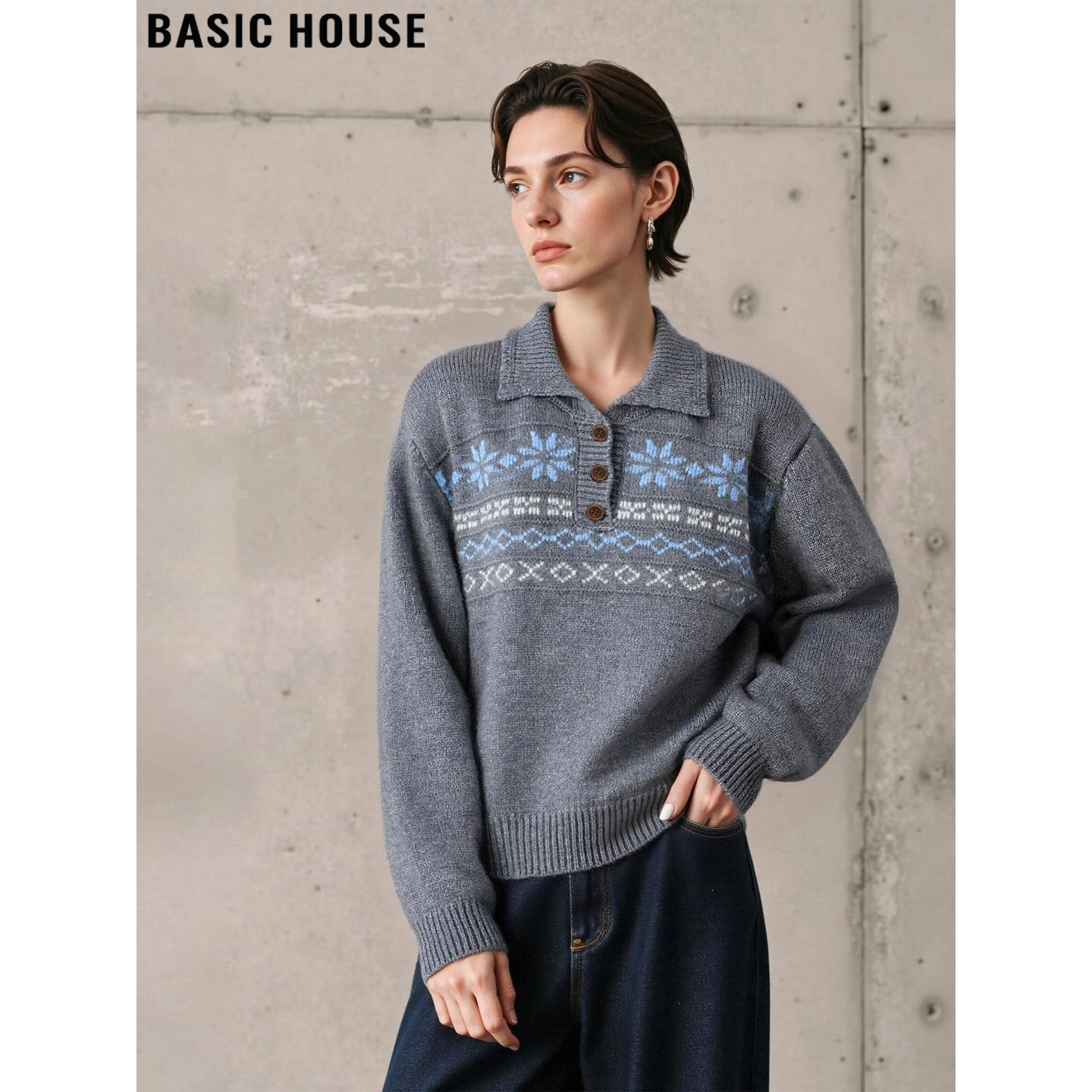 百家好费尔岛提花翻领软糯针织衫