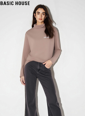 Basic House/百家好卡其色高领打底衫女2025秋冬新款长袖T恤上衣