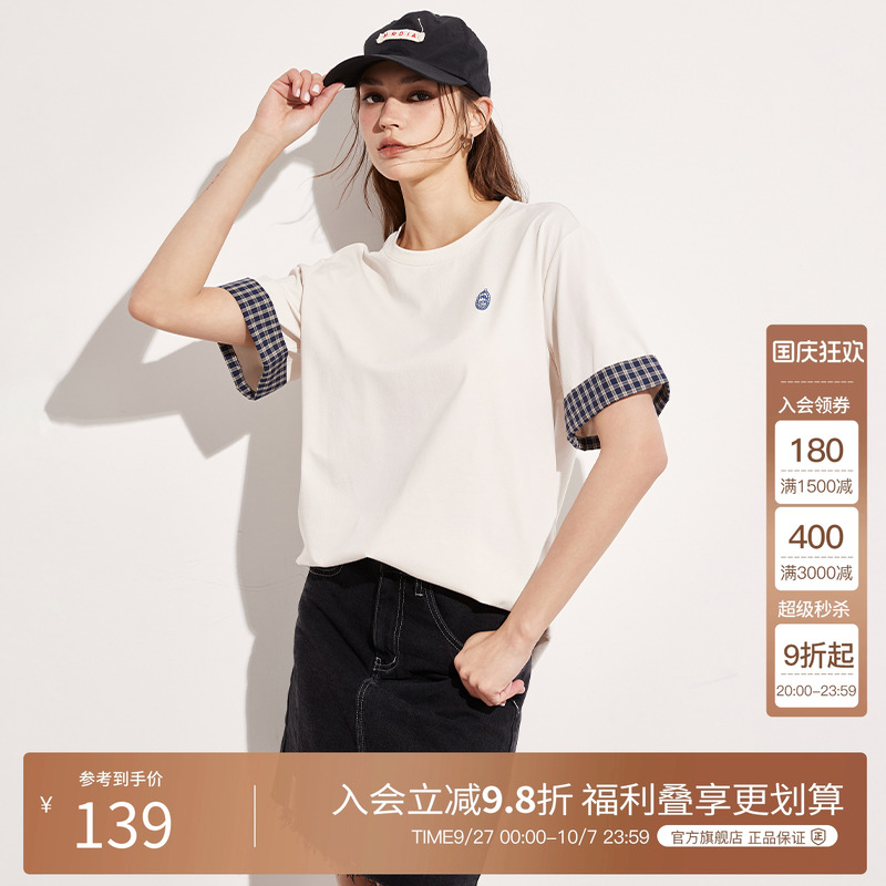 Basic House/百家好学院风拼接格子短袖T恤女2025夏季宽松打底衫