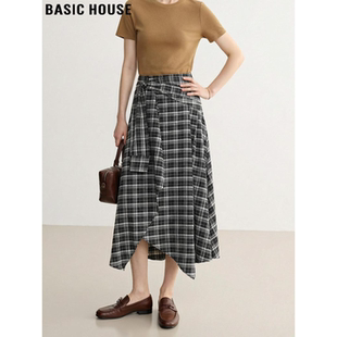 新款 百家好不规则格纹半身裙女2026春季 高腰A字半裙 House Basic