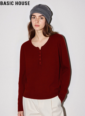 Basic House/百家好红色圆领针织衫女士冬季宽松加厚保暖打底毛衣